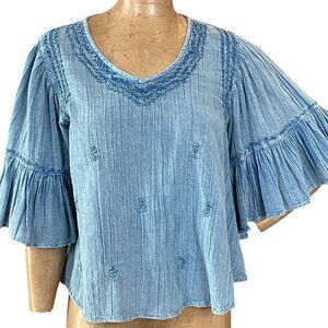 Rachel Zoe BOHO Cropped Relaxed Top Gauze Embroidered Sz S Blue #306F